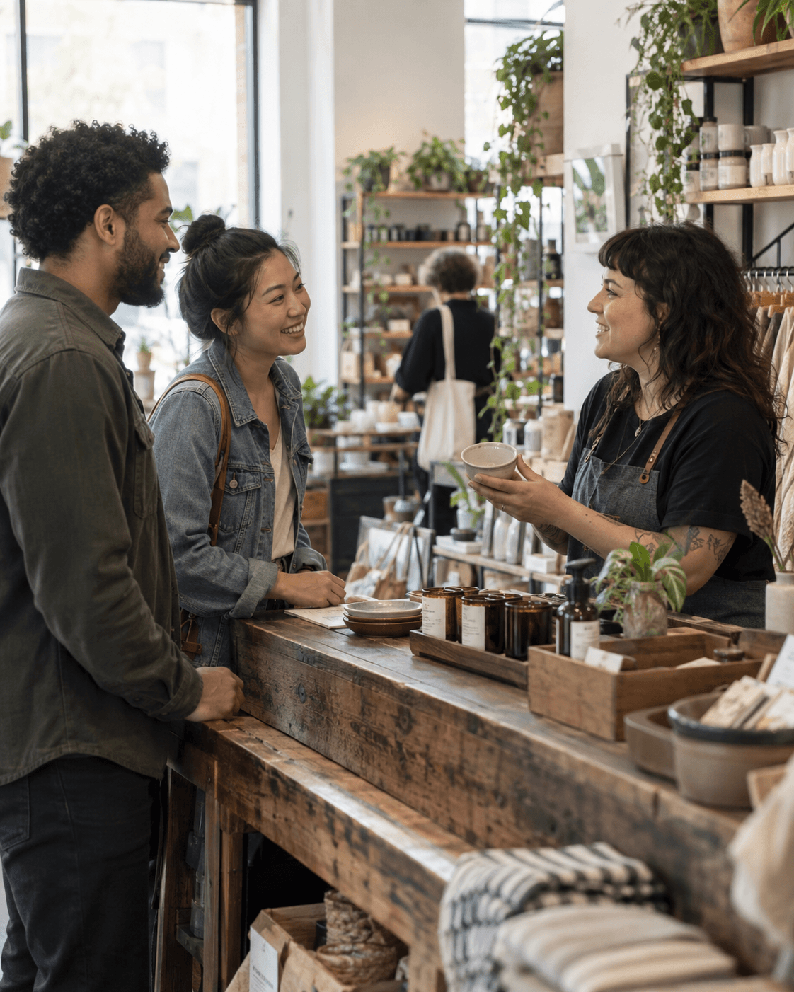 Photo — customers talking with staff at a store counter