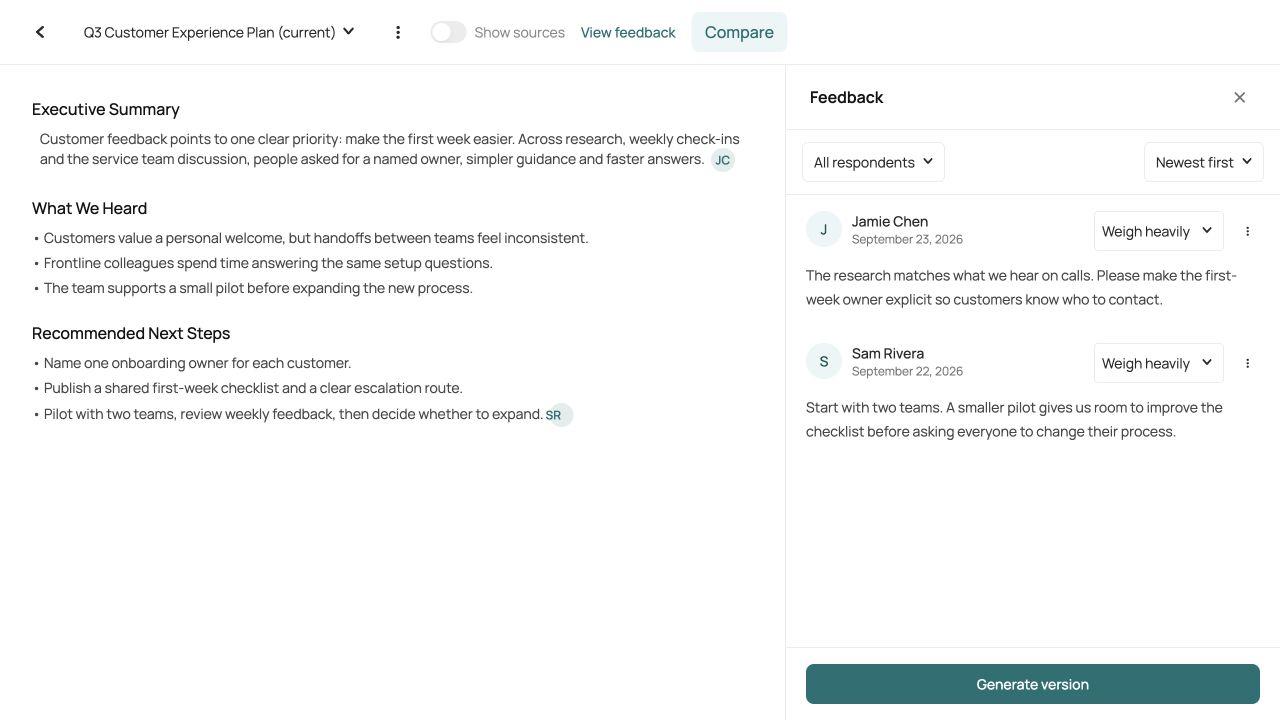 Colleague feedback alongside a draft, with controls for weighting each viewpoint