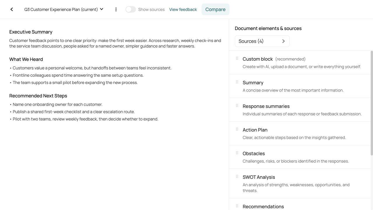 Document editor with a customer experience plan and source-based document elements