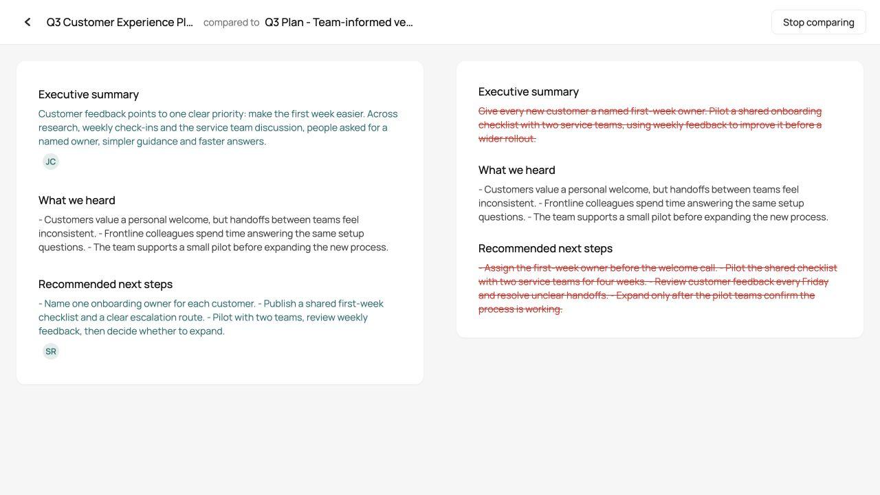 Original document and team-informed version compared side by side