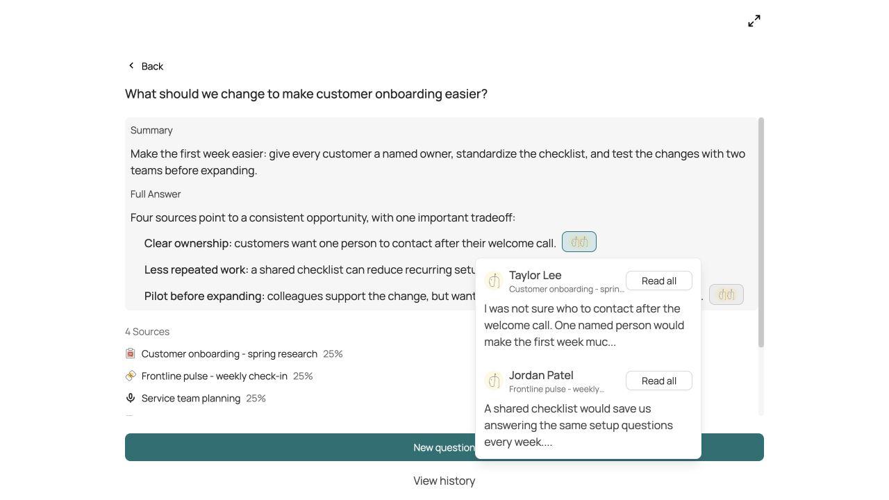 Navigator answer with the people and source feedback behind a recommendation